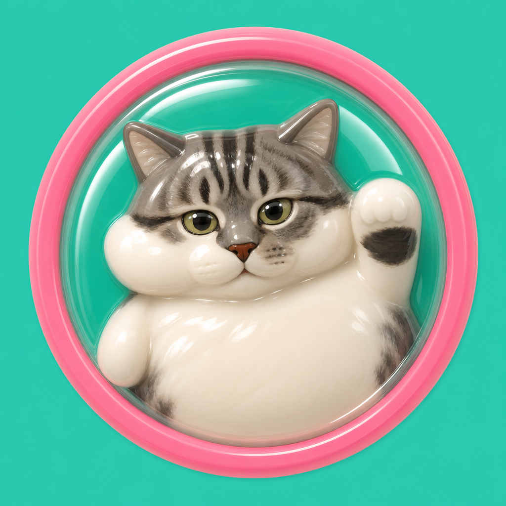 Fatty Cat, round mascot mark, sealed in a pink capsule ring