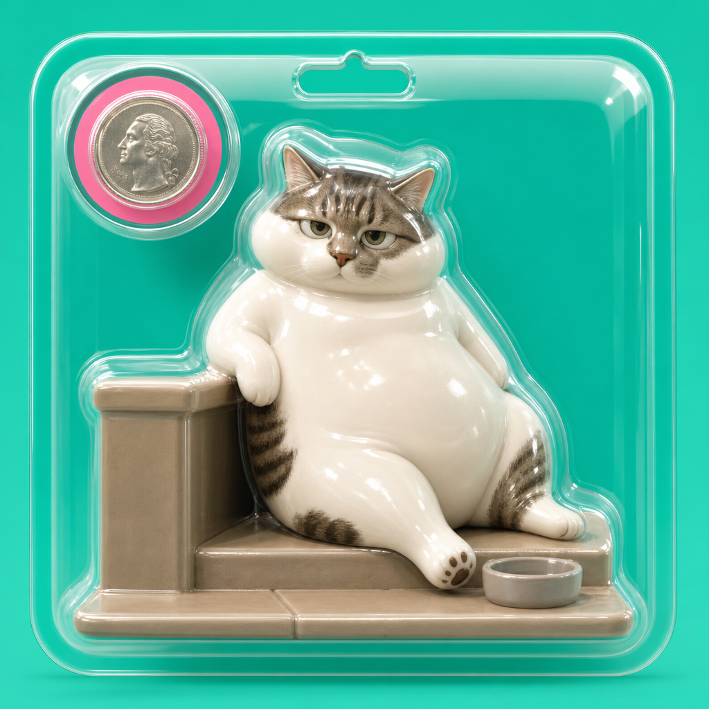 Fatty Cat sealed inside a glossy plastic capsule blister, leaning on a step with a coin beside him