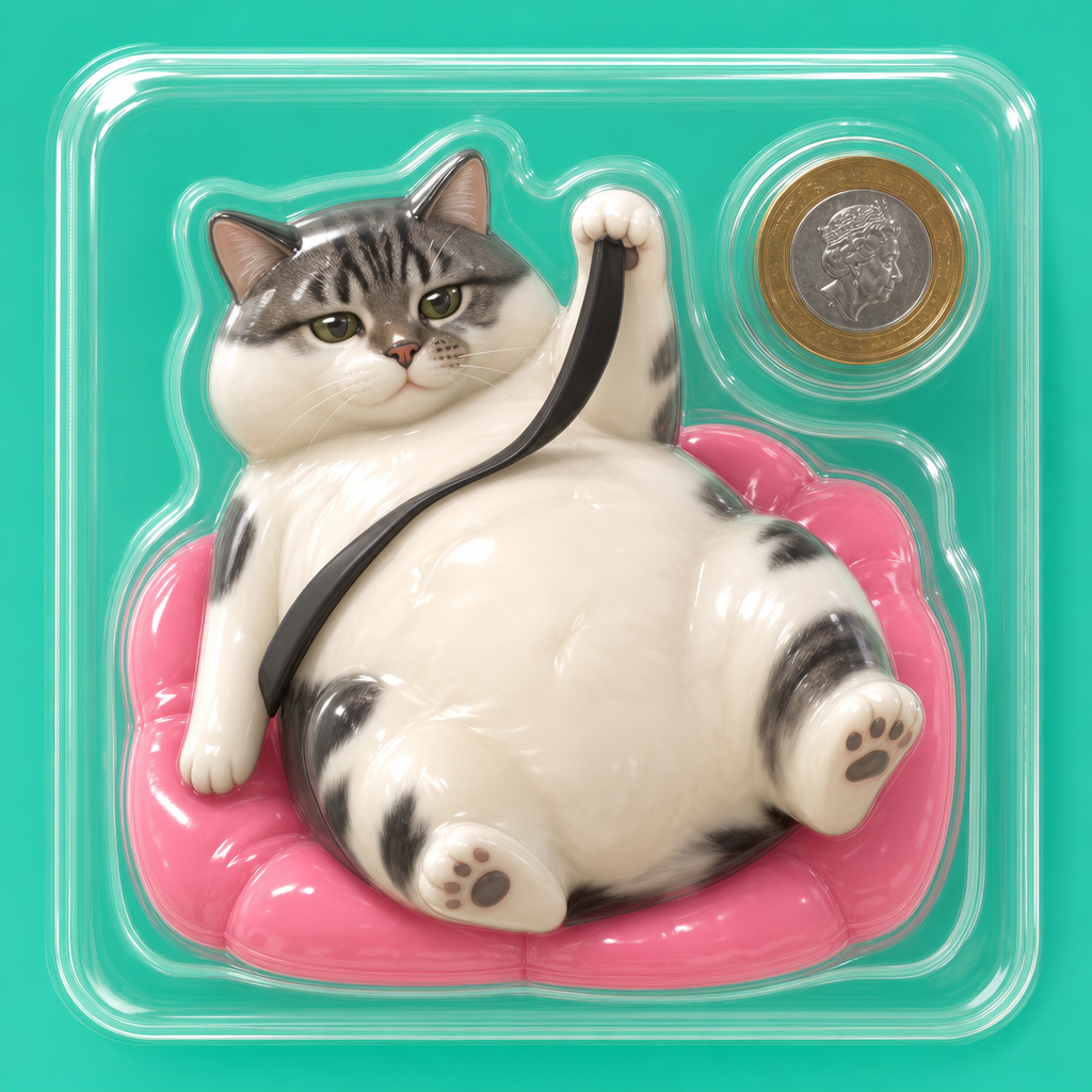 Fatty Cat in a square blister pack, sprawled on a pink cushion beside a coin