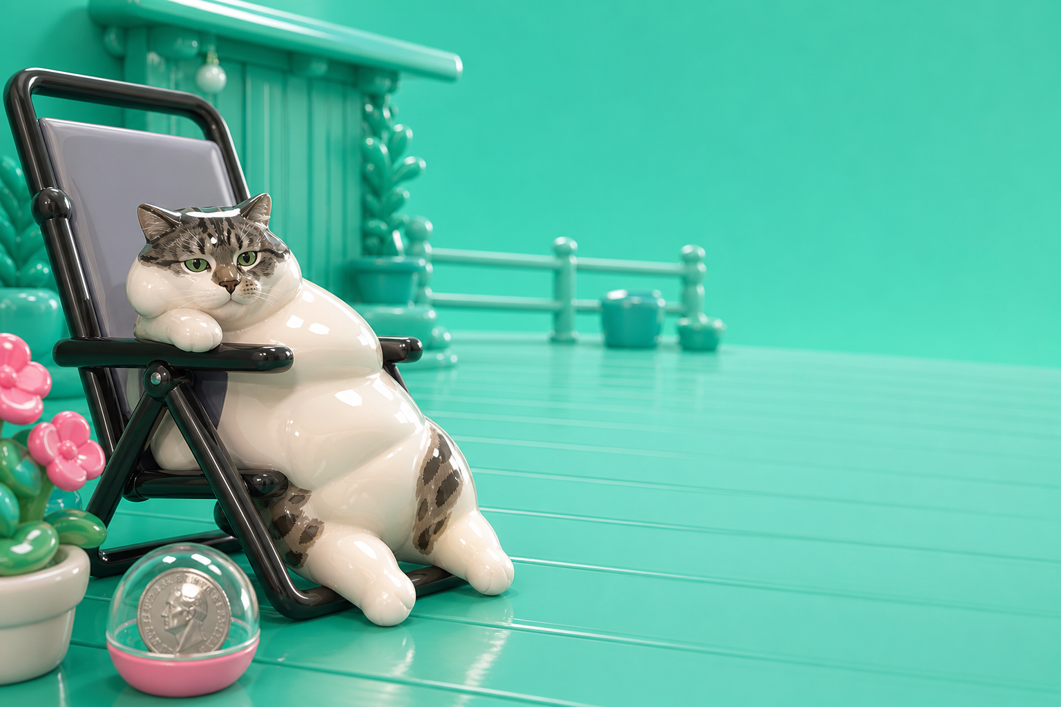Fatty Cat overflowing a deck chair on a teal balcony, coin capsule resting on the floor beside him